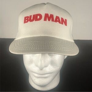 BUD MAN Vintage Budweiser Snapback Hat 80s 90s Cap Hat Beer Genuine White *RARE*